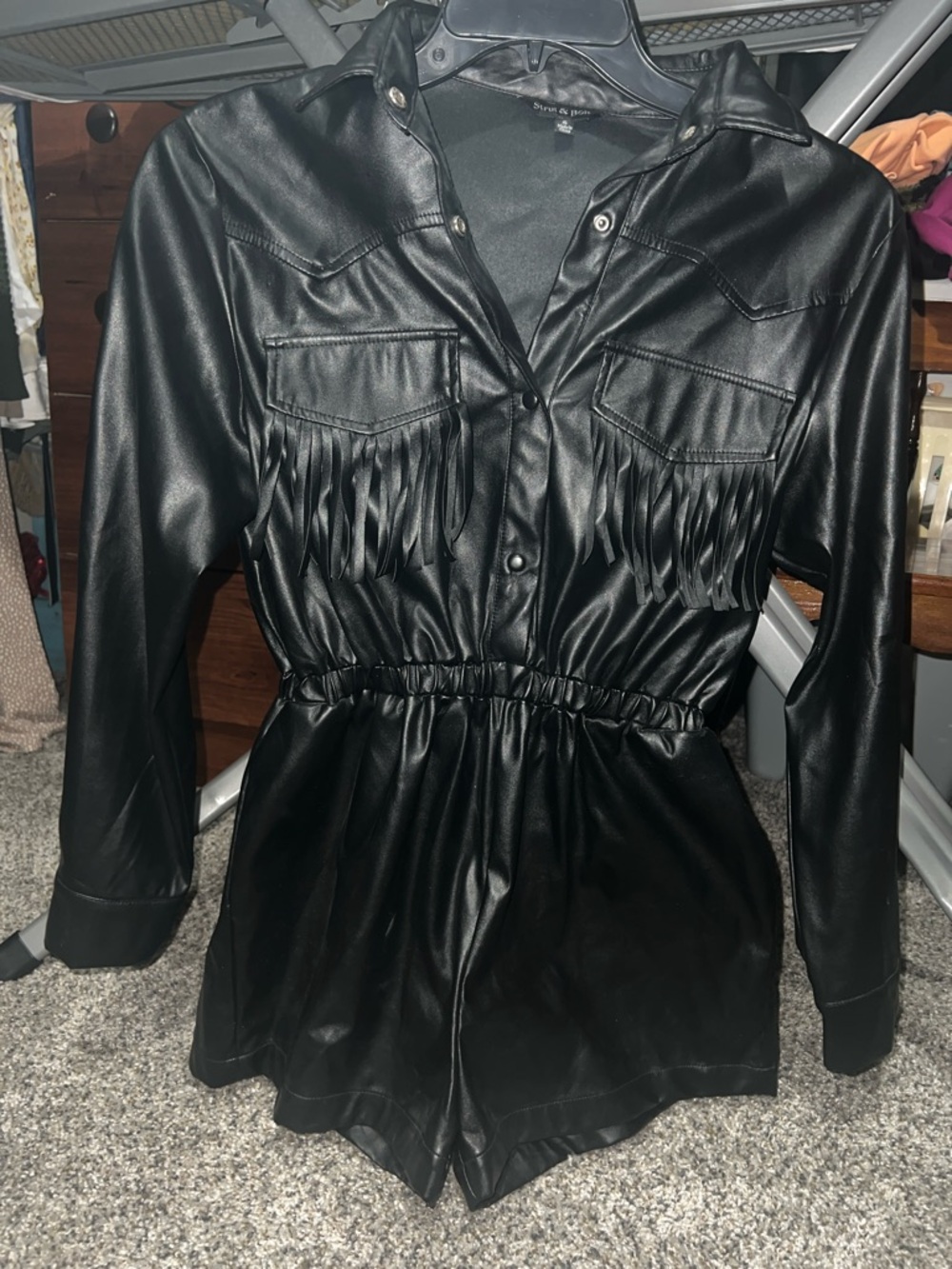 Faux Leather Black Fringe Romper with Elastic Waist